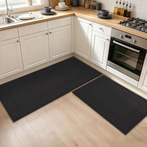 Kitchen Rugs Non Slip Washable 2PCS (Black / 20"x30"+20"x48" (Rectangular))