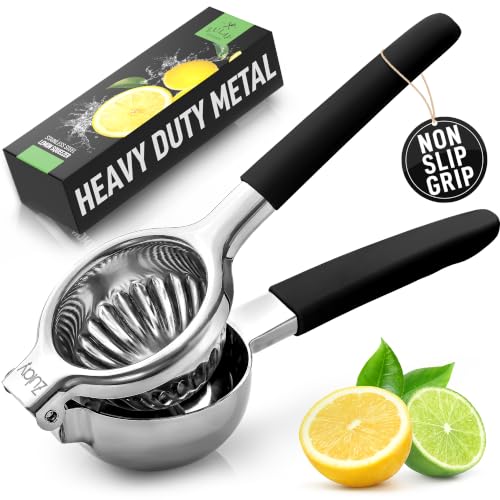 Zulay Lemon Squeezer Stainless Steel with Premium Heavy Duty Solid Metal Squeezer Bowl (Black Grip / Large)
