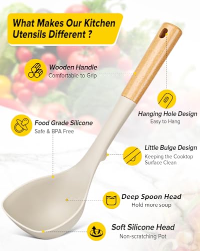 Silicone Soup Ladle and Pasta Spoon Set with Wooden Handle (Khaki)