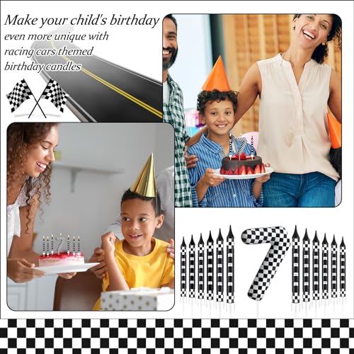 13 Pcs Racing Cars Themed Birthday Candles Black and White Race Number 7 Checkered Candle Cake Topper for Racing Car Party Decoration Supplies (Black+White / 7)
