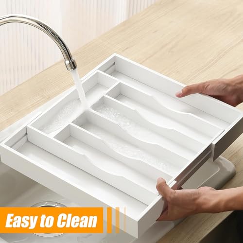 Kitchen Silverware Drawer Organizer and Storage Utensilios De Cocina Modernos Soporte Para Cucharas Trastes De Cocina Organizadores Platos Para Gabinetes Cajones Decoración Organizador Para Utensilios (White / 7 Slots Expandable-2PC)