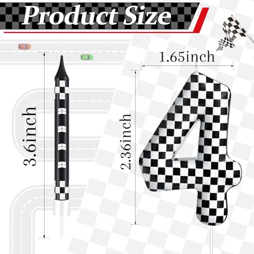 13 Pcs Racing Cars Themed Birthday Candles Black and White Race Number 4 Checkered Candle Cake Topper for Racing Car Party Decoration Supplies (Black+White / 4)
