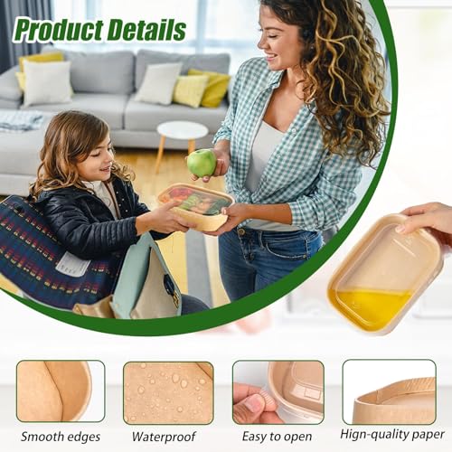 50 Disposable Salad Container for Lunch 25oz Paper Bowls with Lids & Forks (25oz 50 Count / kraft Paper Rectangular)