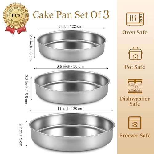 8-9.5-11 Inch Round Cake Pan Set, Stainless Steel Textured Bottom (8-9.5-11 Inch)