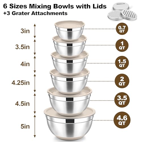 Mixing Bowls Stainless Steel Salad Bowl with Lid & Graters (Khaki)