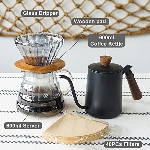 Pour Over Coffee Maker Set with Black Gooseneck Kettle Wooden Storage Tray Coffee Dripper Glass Server Coffee Scoop DIY Manual Coffee Maker Set (coffee maker set)