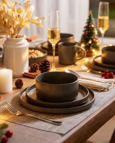Star Stoneware Dinnerware Sets with Pasta Bowls (Matte Dark Charcoal)