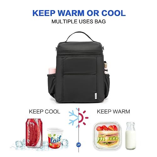 NOL Insulated Lunch Bags for Women Cooler Bag Lightweight Nylon Waterproof Lunch Box for Work (Black / Large (12 Liters))