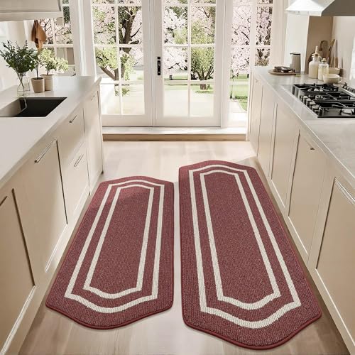 Long Kitchen Floor Mats and Rugs 2PCS Non Slip Washable (Red / 24"x 48 "+ 24"x 59 ")