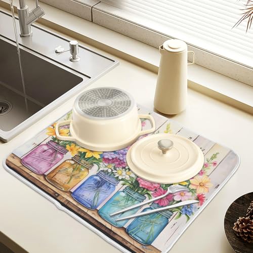 Spring Floral Jars Rustic Dish Drying Mat for Kitchen Counter Absorbent Microfiber Small Drying Pad Flowers Dish Mats for Kitchen Countertops 16 x 18 Inch (18" x 16")
