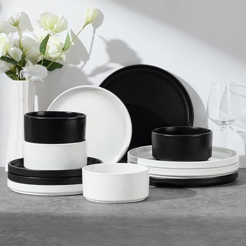 12 Piece Plates and Bowls Sets (Speckled White & Matte Black / 12pcs for 4)