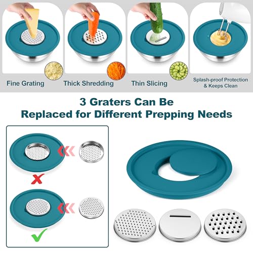 Mixing Bowls Stainless Steel Salad Bowl with Lid & Graters (Blue)