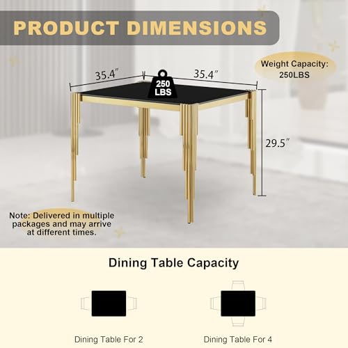 35'' Modern Square Glass Dining Table for 4 People (Gold-black / Square-35.43" L x 35.43" W x 29.53" H)