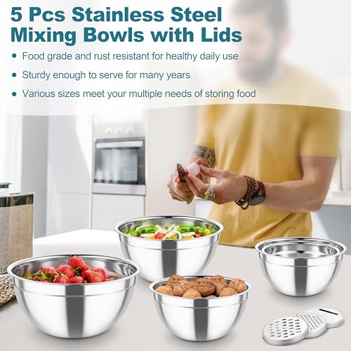 Mixing Bowls Stainless Steel Salad Serving Bowl with Clear Lids (Dark Blue)