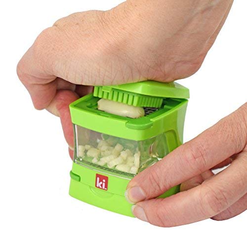 Garlic-A-Peel Garlic Press, Crusher, Cutter, Mincer, and Storage Container - Includes Silicone Garlic Peeler - Easy to Clean - Stainless Steel Blades – (Green), standard (Standard / Green)