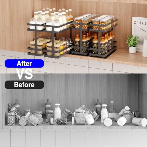 2 Pack Pull Out Spice Rack Organizer for Cabinet (Black(Metal))