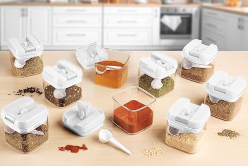 9 PC (0.5L, 17oz) Spice Storage Containers with Lids & 6 Spoons (White - 9 Pc / 9 Pc - 0.5 Liter)