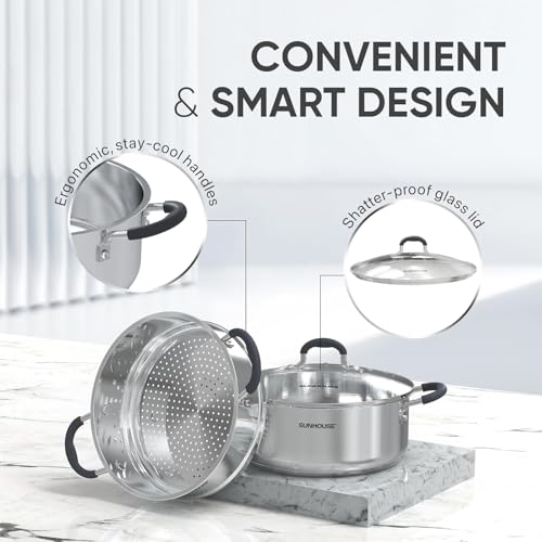 4.6 QT Stainless Steel Steamer Pot for Cooking with Glass Lid (4.6 Quarts)