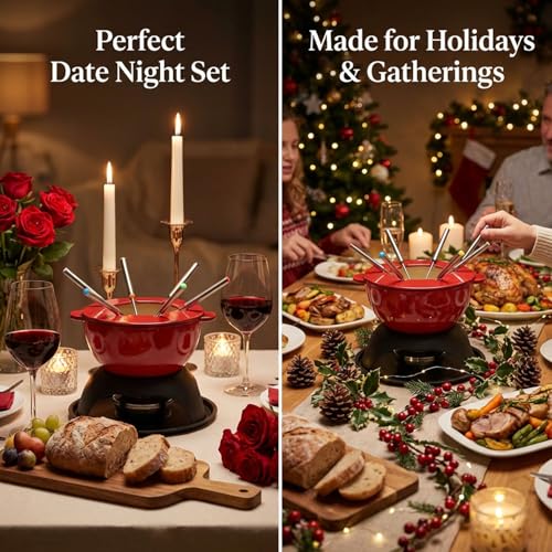 Cast Iron Cheese Fondue Pot Set (Red)