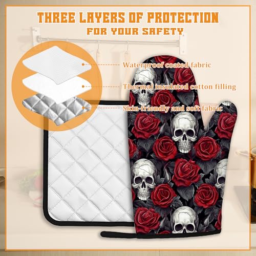Skulls Oven Mitts and Pot Holders Set (Skulls Red Roses)