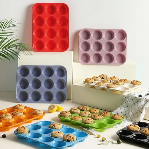 2 Pack 12 Cups Silicone Muffin Pan with Metal Reinforced Frame Regular Size Silicone Molds Cupcake Cake Baking Pans Cookie Baking Chocoflan Cupcake Mold Muffin Top Pan Flanera Housewarming Gift (2pc: 12-Cup Regular / Morandi Blue)