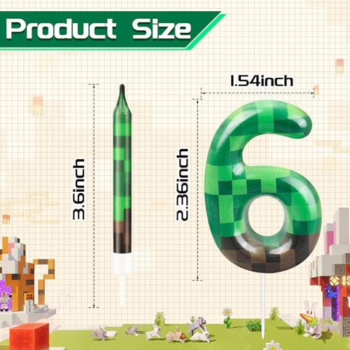 13 Pcs Dynamite Candles 12 TNT Themed Birthday Cake Candles and Number 6 Candle Cake Topper for Pixel Theme Birthday Party Anniversary Party Dynamite Theme Party Video Game Party Supplies (Green+Brown / 6)