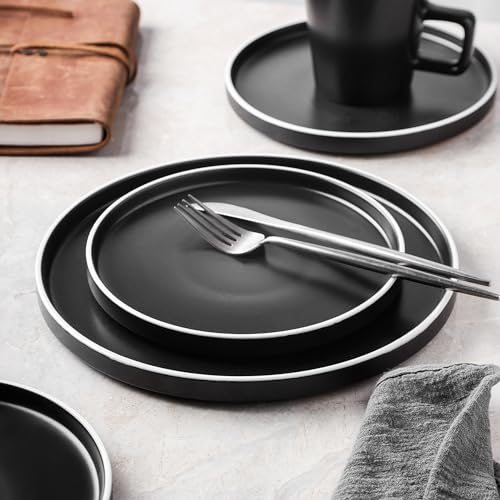 Allison Stoneware Dish Set (Dinnerware Set / Service For 8 / Black Matte, White Rim)