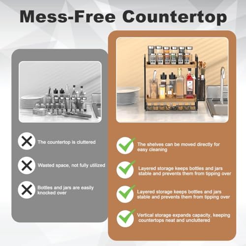 2 Tier Spice Rack Organizer for Countertop with Drawer and Basket (Brown)