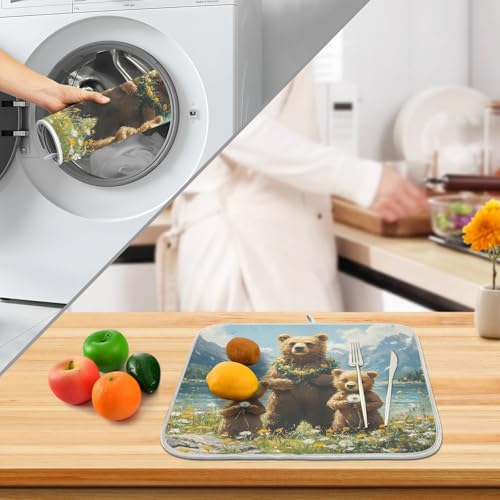 Three Bear Dish Drying Mat for Kitchen Counter Absorbent Microfiber Large Drying Pad Dandelion Wildflowers Dish Mats for Kitchen Countertops 18 x 24 Inch (24" x 18")