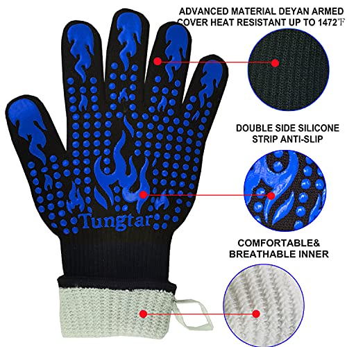 Oven Mitts Heat resistan BBQ Heat Proof Glove 1472℉ 14Inch Grill Glove for Men BBQ Gloves Gift Set for Cooking (Blue)