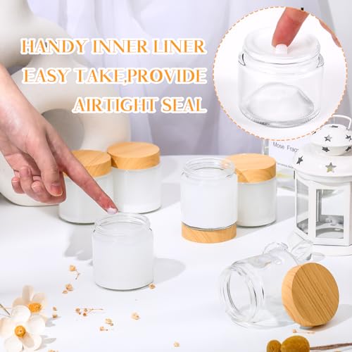 48 Pcs 4 oz Glass Jars with Lids Empty Small Glass Containers and Inner Liners Reusable Cosmetic Jars Round Airtight Bottles with Plastic Woodgrain Lids for Travel (Raw Wood Grain / 4 oz)