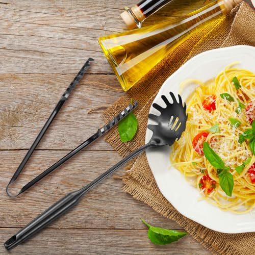 Stainless Steel Spaghetti Spoon and Pasta Tongs Set (Black)