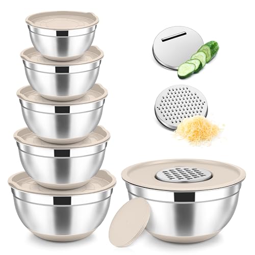 Mixing Bowls Stainless Steel Salad Bowl with Lid & Graters (Khaki)
