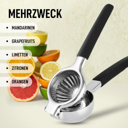 Zulay Lemon Squeezer Stainless Steel with Premium Heavy Duty Solid Metal Squeezer Bowl (Black Grip / Large)