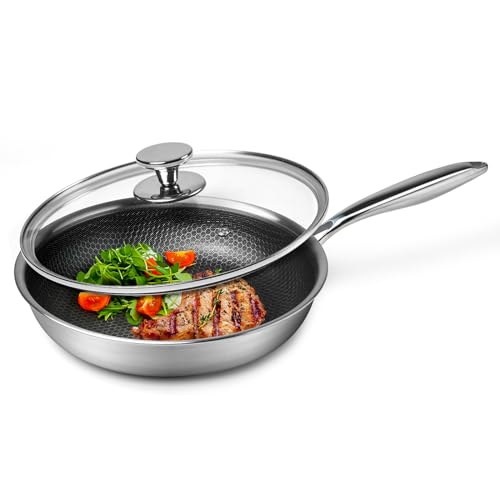 Stainless Steel Frying Pan Nonstick Frying Pan with Lid 10 Inch Honeycomb Stainless Steel Skillet Woks Pan for Gas Electric Induction Ceramic Stoves and Oven (10 Inch)
