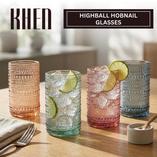 Hobnail Beaded Highball Drinking Tumbler Glasses (Muted Pastel Highball)