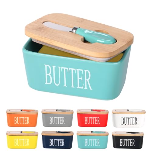 Ceramic Butter Dish with Bamboo Lid and Stainless Steel Knife Spreader (Green)