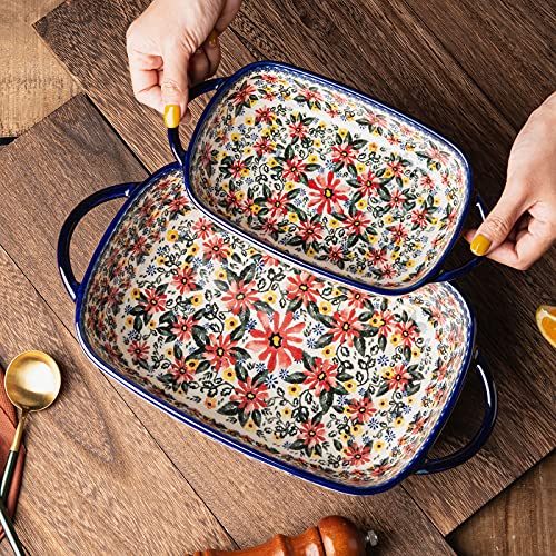 Baking Dish Ceramic Baking Pan Blue Casserole Dish Rectangular Baking Set 2pcs Bakeware Sets Single Serving Size Lasagna Pan Baking Dishes for oven (Exotic Daisy)