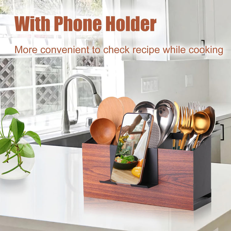 Utensil Holder Large Iron Flatware Container with 3 Compartments Countertop Wall (Black)