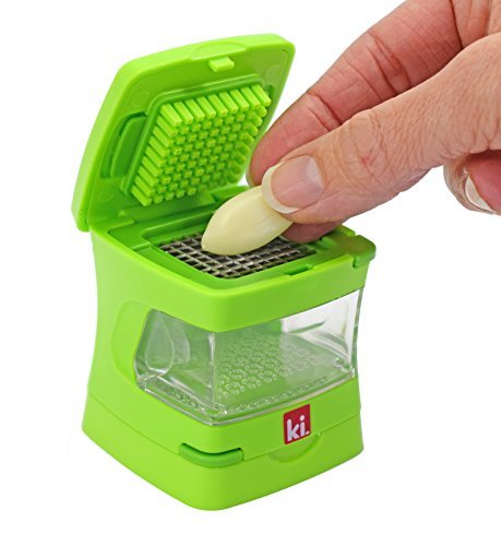 Garlic-A-Peel Garlic Press, Crusher, Cutter, Mincer, and Storage Container - Includes Silicone Garlic Peeler - Easy to Clean - Stainless Steel Blades – (Green), standard (Standard / Green)