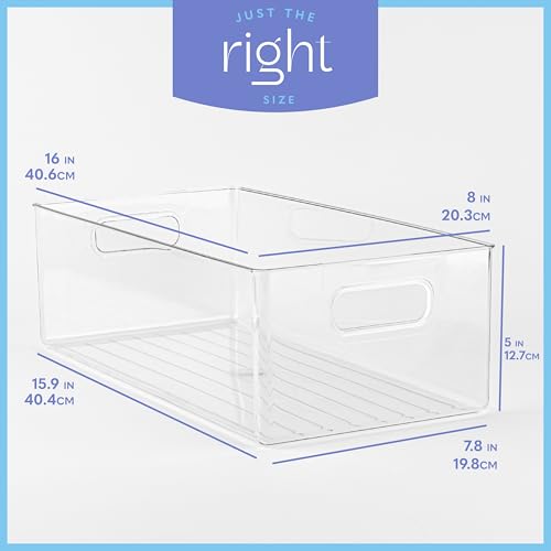 Plastic Food Storage 6 Pack Clear Container Bin with Handles for Organizing Kitchen (16x8x5)