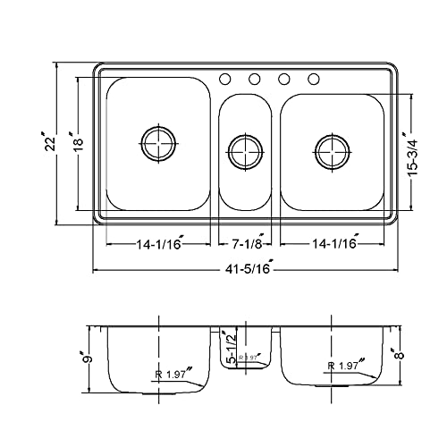 41" Stainless Steel Topmount Triple Bowl Kitchen Sink (Modern / 41-5/16 in. W x 22 in. D x 9 in. H)