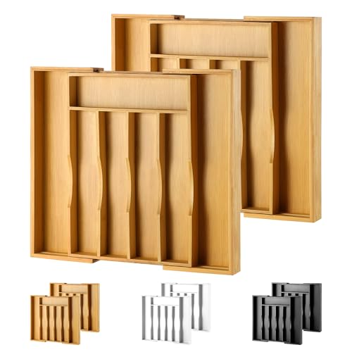 2 Piece Bamboo Silverware Organizer (7 Slots Expandable-2Pack / Natural)