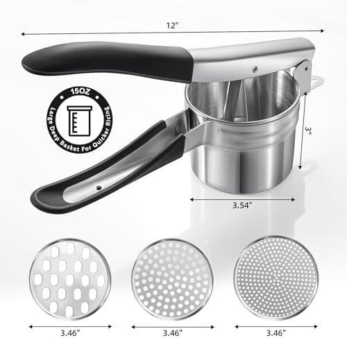 Potato Ricer Sopito Upgraded Stainless Steel Potato Masher with 3 Interchangeable Discs (3 discs-black)
