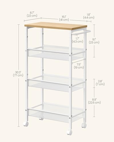 4 Tier Slim Rolling Storage cart with Wheels (Oak Beige + Classic White / 4 Tiers (8.7"D x 30.3"H))