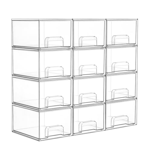 12 Pack Small Clear Stackable Storage Drawers (Small-12pack-Clear)