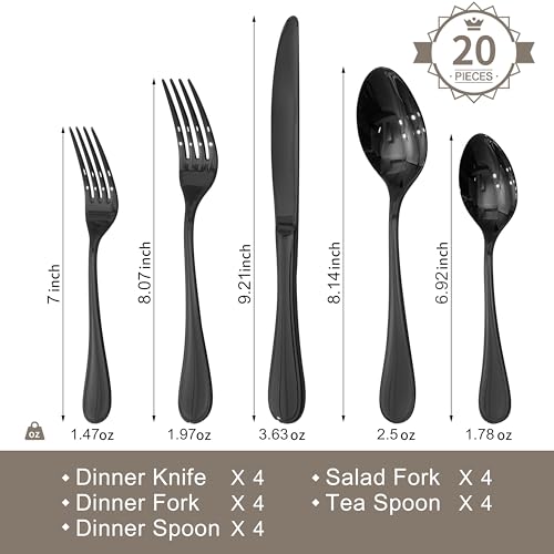18 10 Stainless Steel Silverware Set for 4 (Black / 20-Piece)