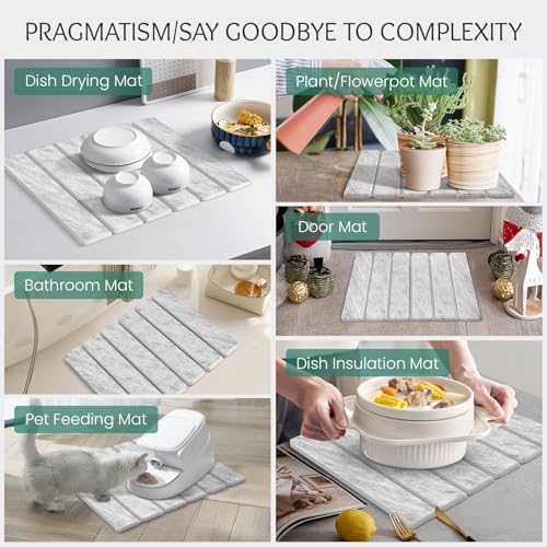 Stone Dish Drying Mat Collapsible Diatomaceous Earth Absorbent Mat Quick Dish Drying Pad Dish Rack Pad Match Any Counter to Multiple Usage for Kitchen (Light-Gray Frosted Pattern / 16" x 12")
