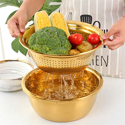 3-In-1 Multifunctional Grater Basin Colander Strainer Set, Mingcheng Stainless Steel Kitchen Drain Basket/Bottom Basin for Washing Rice, Fruits, Vegetable, Grater with Container (Gold) (Gold)