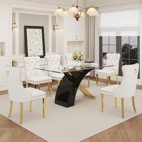 7 Piece Glass Dining Table Set for 6 (Black Table & Gold White Chair / 7-Piece Set-X-Shaped Table)